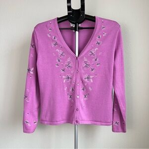 Vintage Pendleton Pink Floral Embroidered Cardigan Sweater Womens M Button Front